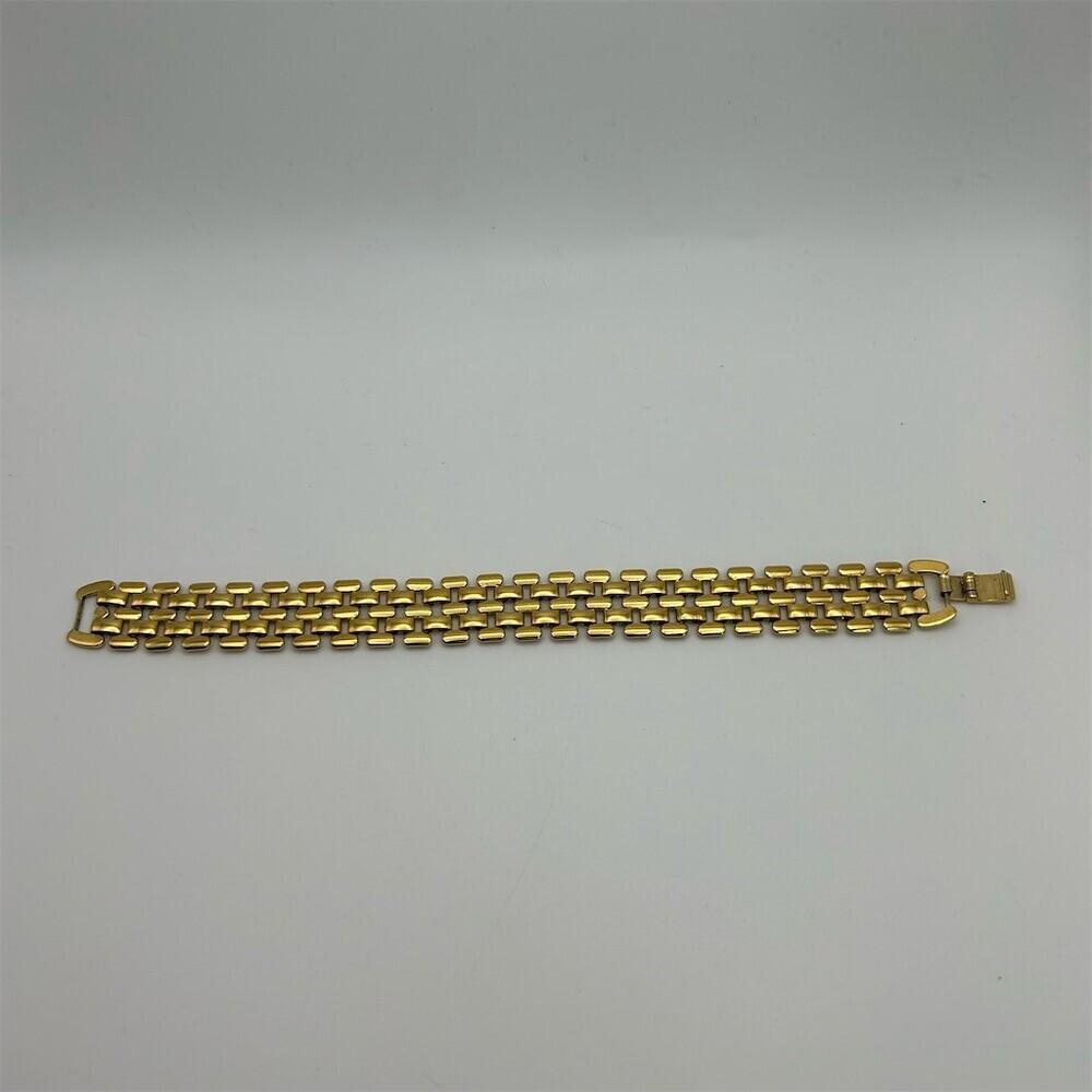Woven Bracelet Gold Tone Multi-Row Brick Link Wide Statement 7" Foldover Clasp - Picture 5 of 7